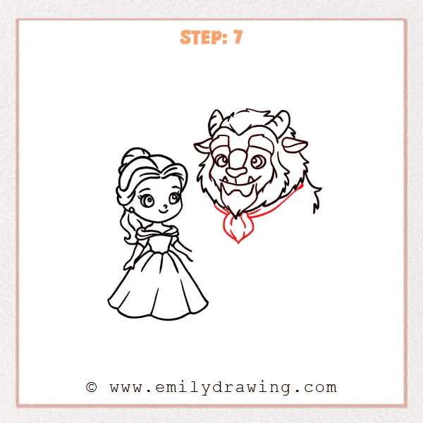 how to draw a beauty and the beast - Step 7: The Beast’s outfit begins with a cravat and jacket shape with cuffs.